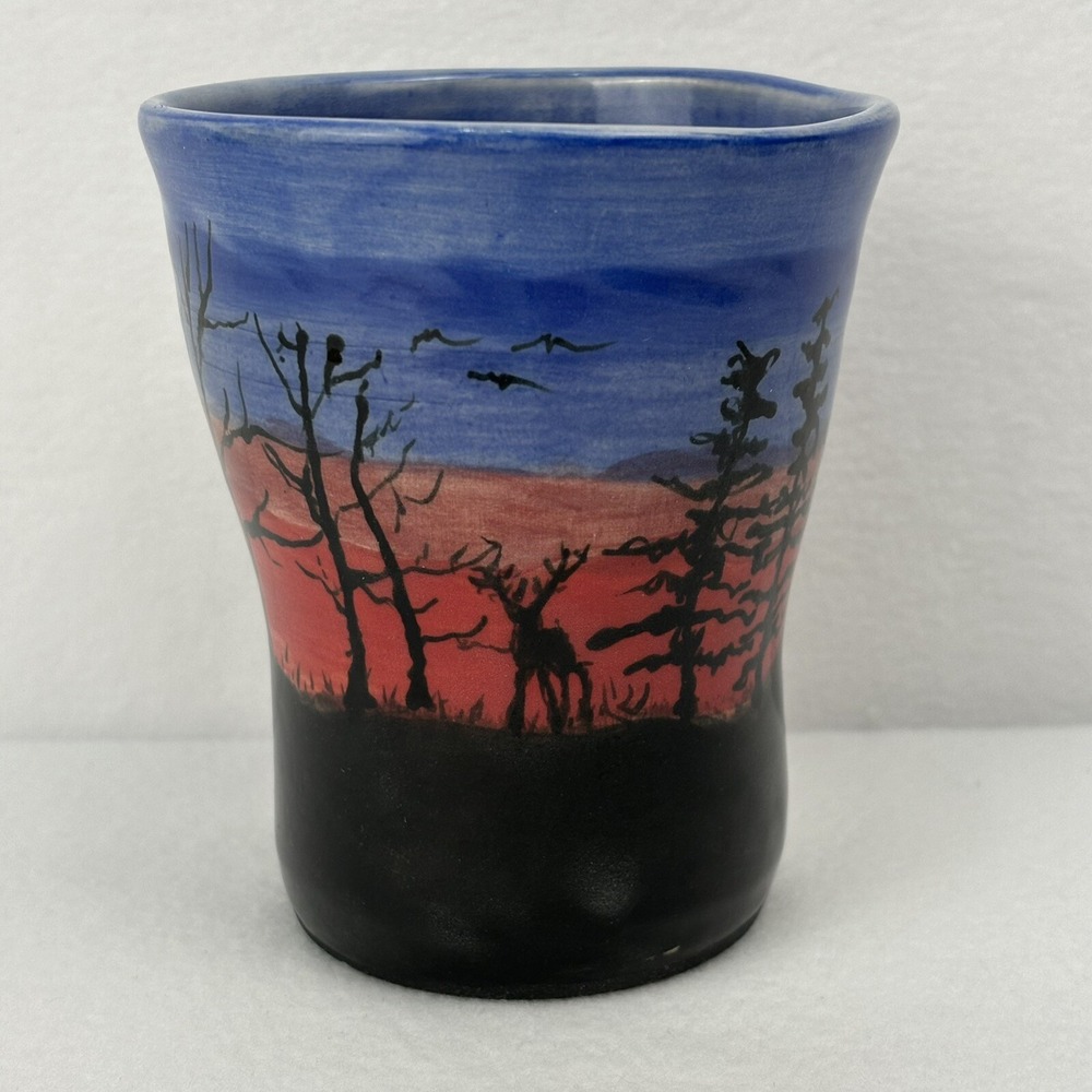 Mare Signed Pottery Cup Mug Vase Sunset Trees Deer Moose 4 1/4” Blue Red Black